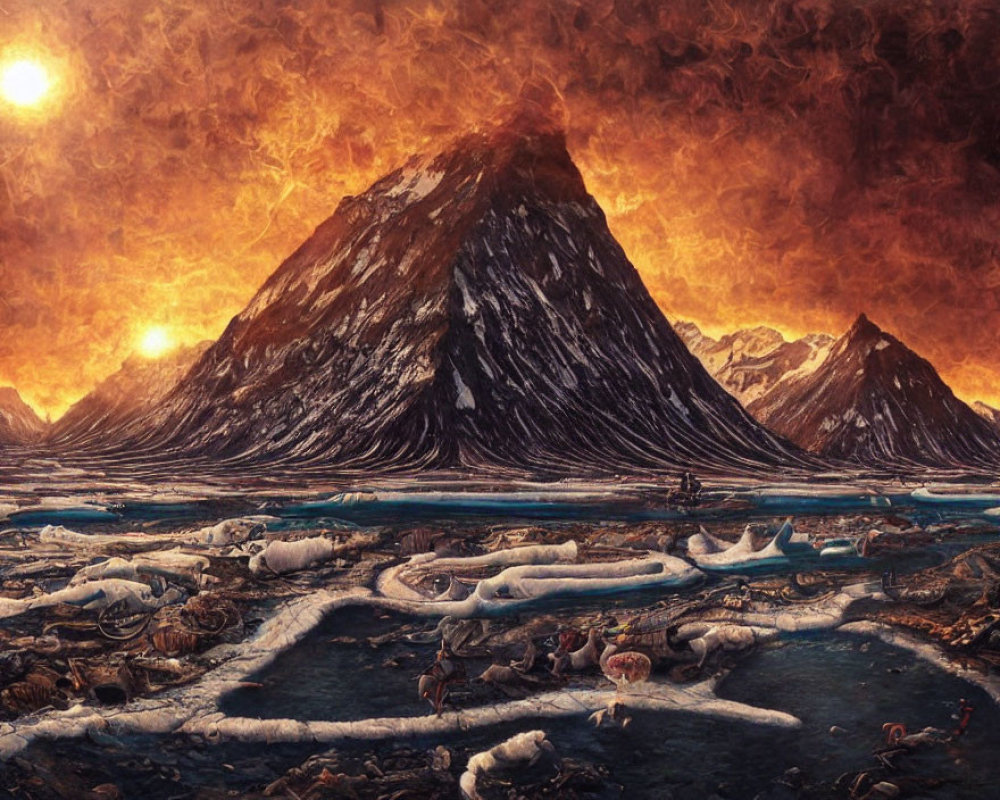 Surreal landscape: towering mountain, orange sky, serpentine river, ice chunks, mysterious