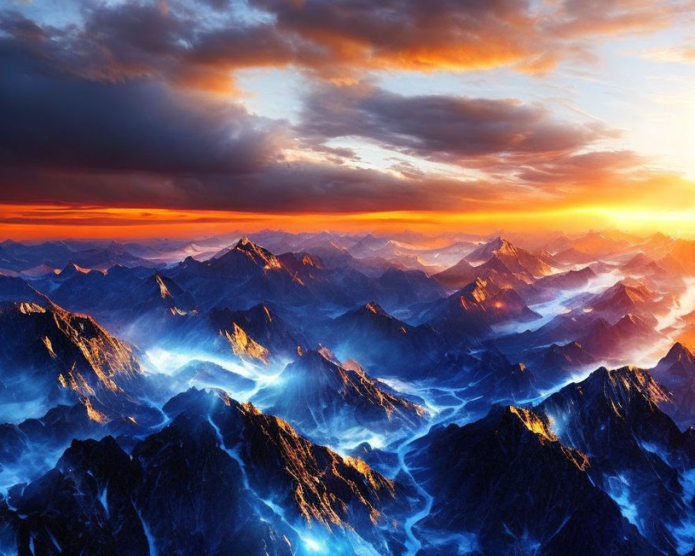 Vibrant sunset over majestic mountain range at dusk