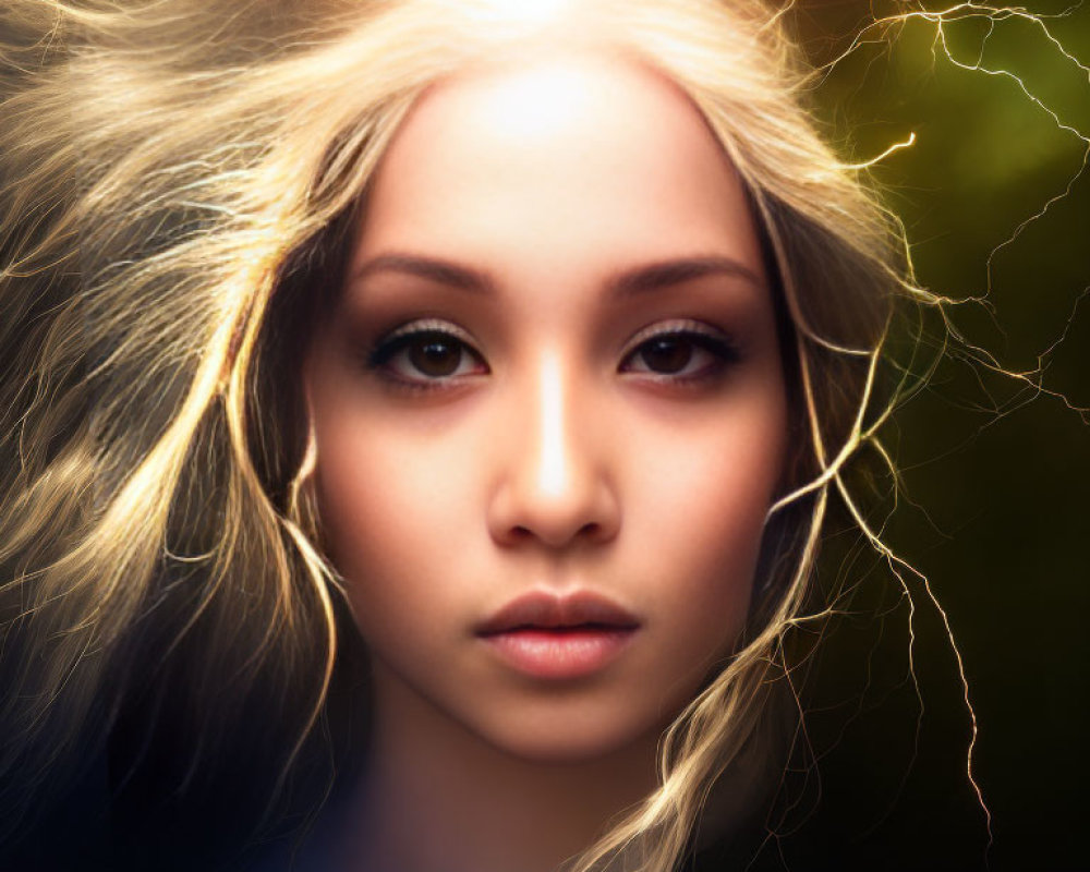 Digital artwork: Woman with glowing hair and lightning, exuding elemental power.