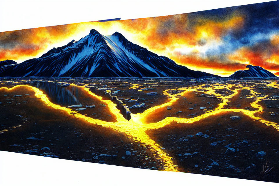 Volcanic landscape with molten lava, mountains, and fiery sky