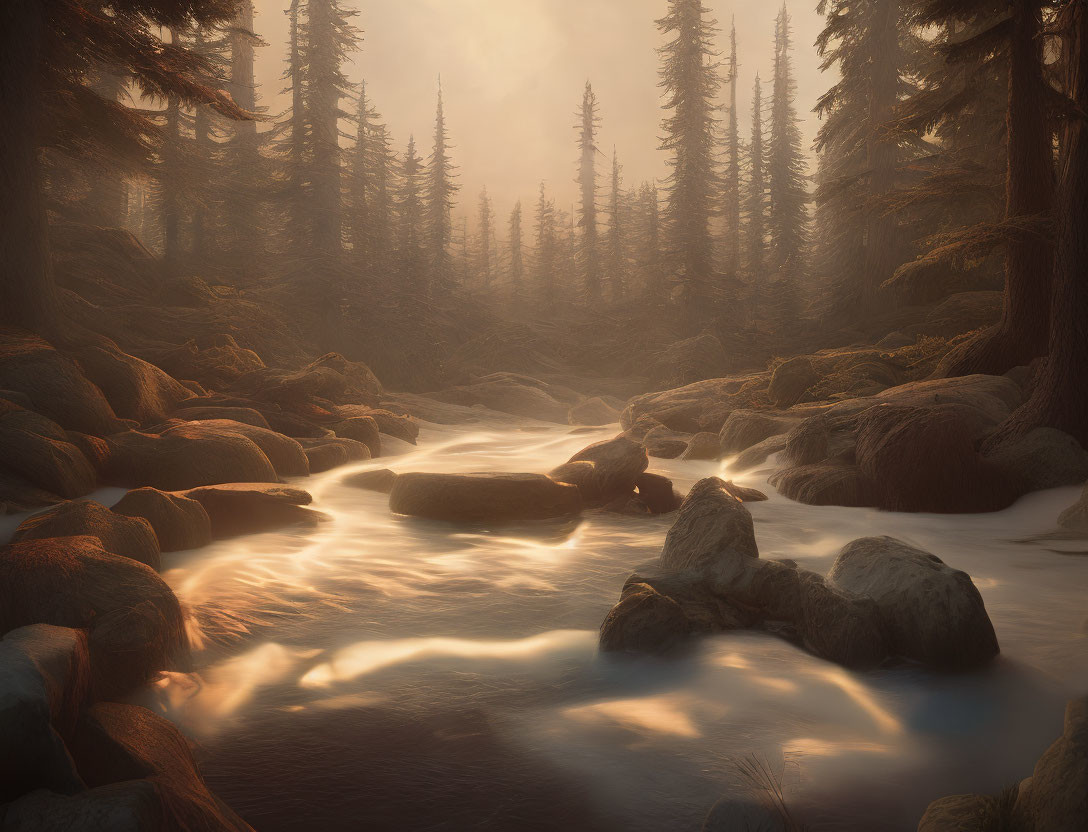 Twilight forest scene: tranquil river, misty sunlight, smooth rocks.