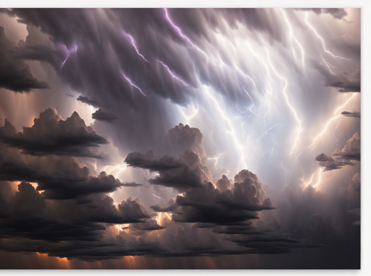 Dramatic thunderstorm with vivid lightning bolts in tumultuous sky