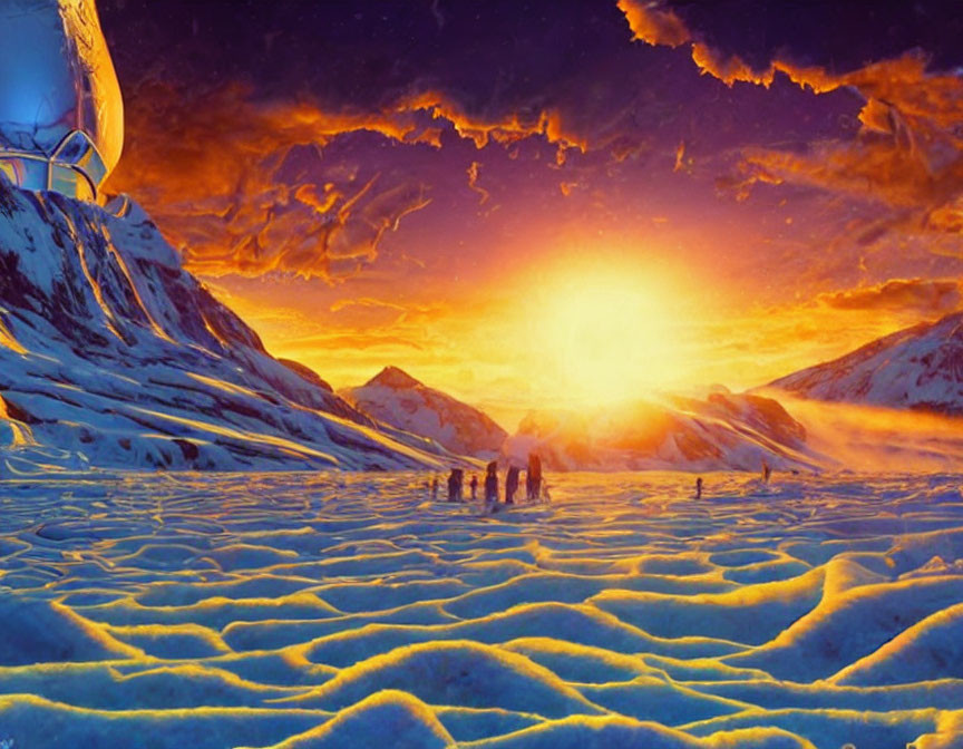 Group of people on icy alien landscape observing sunrise with orange clouds and large structure.