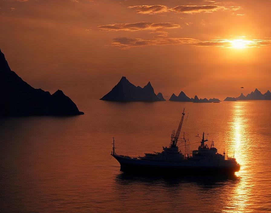 Sailing ship at sunset with silhouette mountain peaks under orange sky