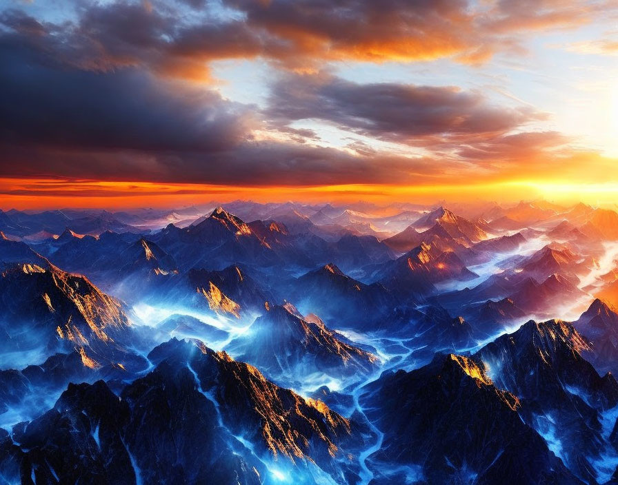 Vibrant sunset over majestic mountain range at dusk