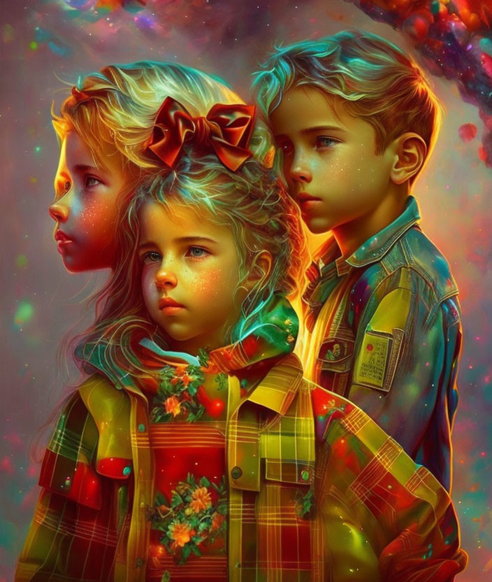 Three contemplative children in vibrant, colorful nebula setting