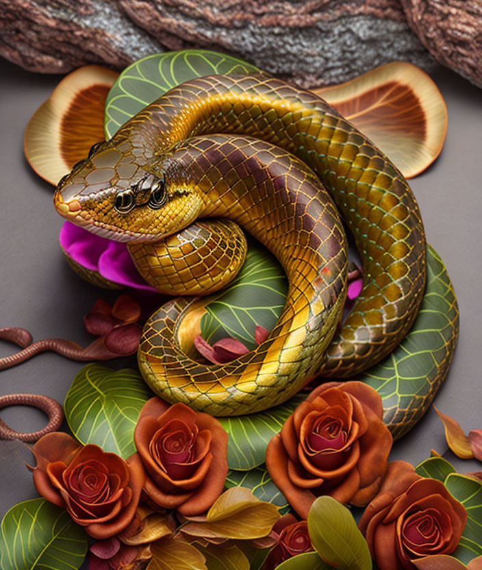 Brown and Gold Coiled Snake with Roses on Gray Background