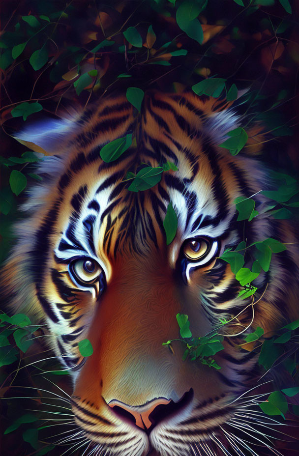 Digital Artwork: Tiger Face in Dense Foliage with Golden Eyes