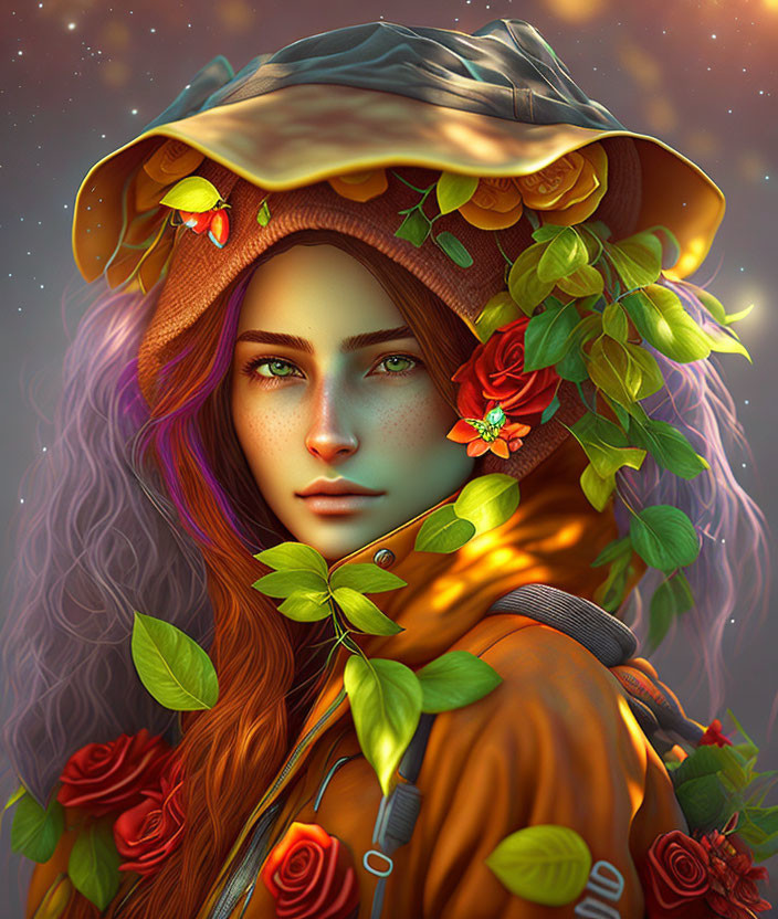 Digital artwork: Woman with green eyes, red hair, leaf and flower hat, soft-lit background