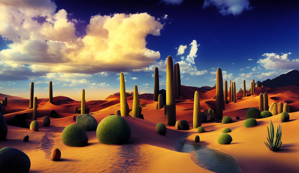 Surreal desert landscape with tall cacti and sand dunes at dusk or dawn