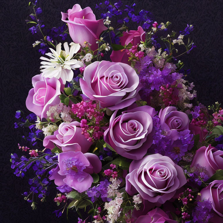 Purple Roses Bouquet with White and Violet Flowers on Dark Embossed Background