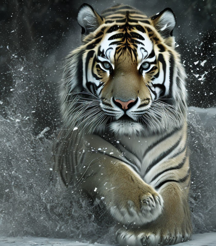 Majestic tiger with striking fur markings in swirling snowflakes