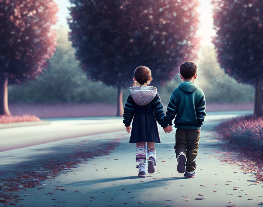 Children walking hand in hand on leaf-strewn path under sunlight among trees