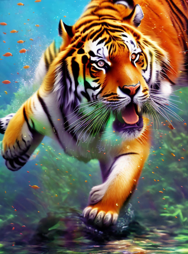 Dynamic Tiger Leaping with Intense Eyes and Splashing Water
