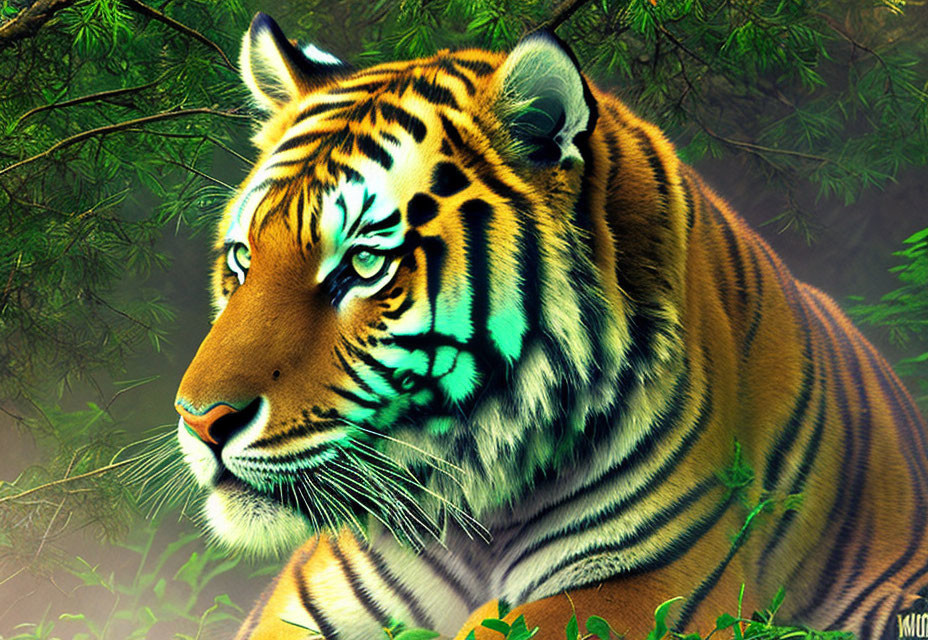 Majestic tiger with striking striped fur in lush green foliage