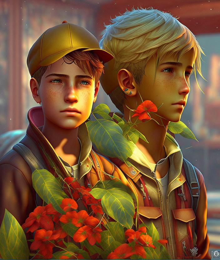 Vibrant digital artwork featuring two boys with stylized features and red flowers.