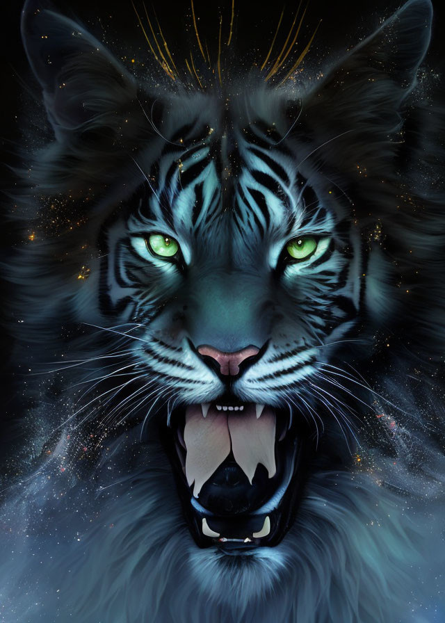 Majestic digital artwork: Tiger's face with green eyes and celestial patterns