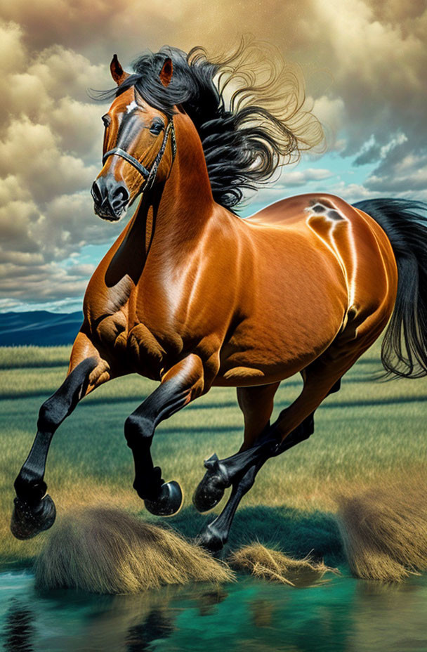 Brown horse galloping in field under dramatic skies