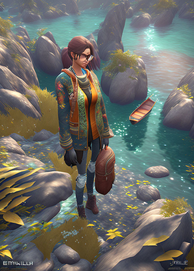 Stylized 3D illustration of young woman by river with rocks and boat