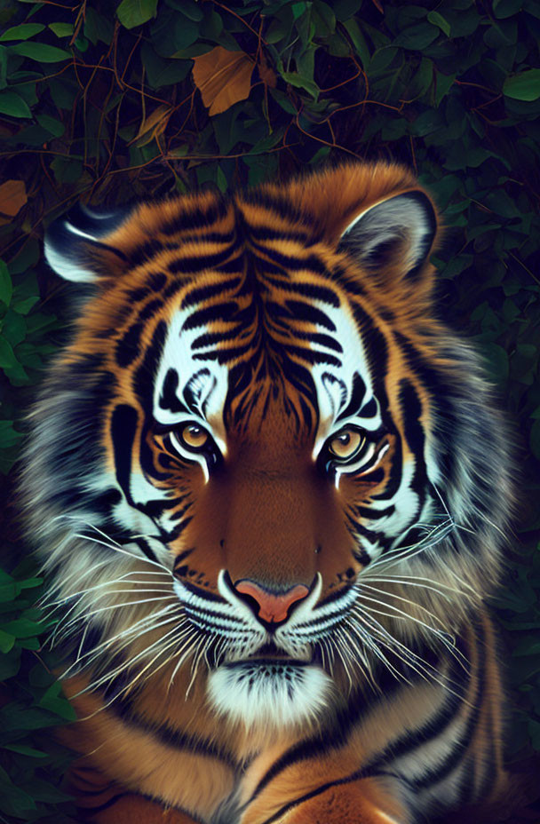 Fierce Tiger Head in Dense Foliage with Intense Eyes