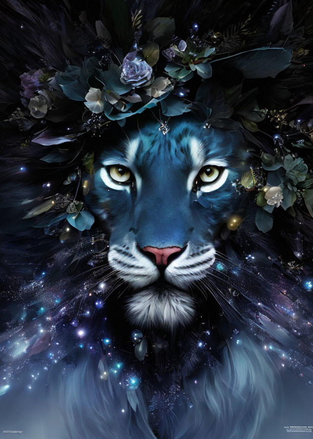 Mystical lion with flower and cosmic mane in deep blue hues