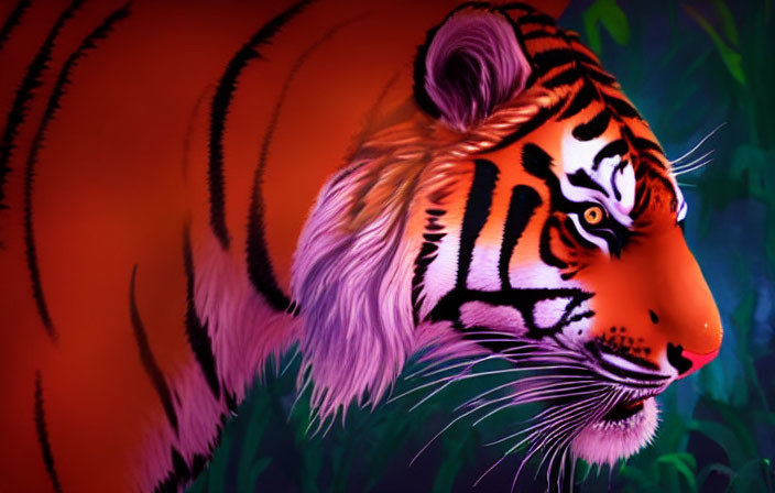 Vibrant orange tiger with black stripes in lush green foliage