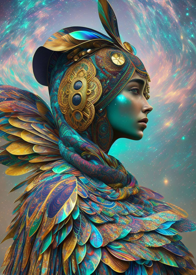 Artistic side profile of a stylized woman in ornate feather-like garments and decorative helmet on cosmic