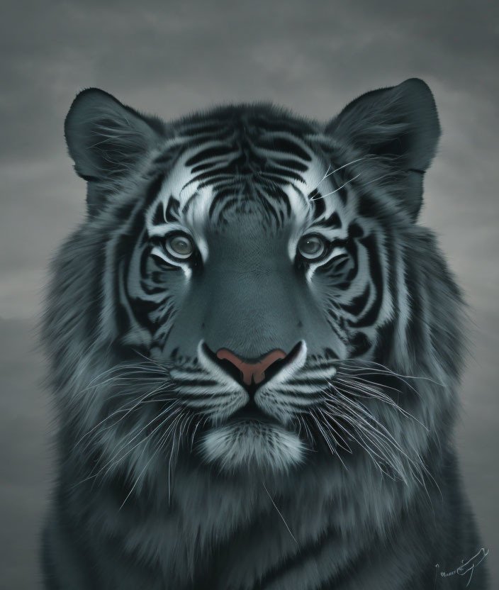 Detailed digital painting of a tiger's face with sharp features and dramatic lighting