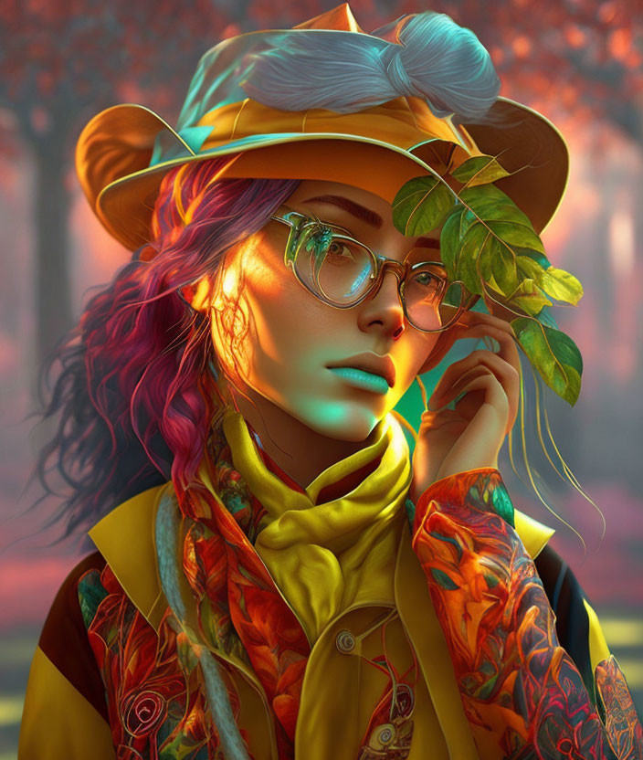 Vibrant digital portrait with rainbow hair and autumn-themed attire