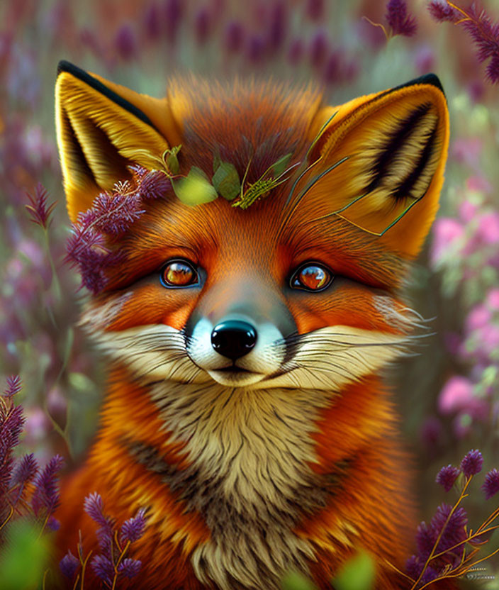 Vibrant red fox with blue eyes in purple flower setting