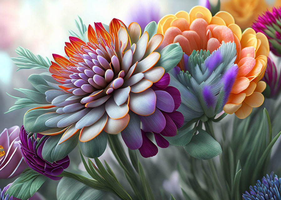 Colorful digital artwork of layered flower with soft-focus floral elements