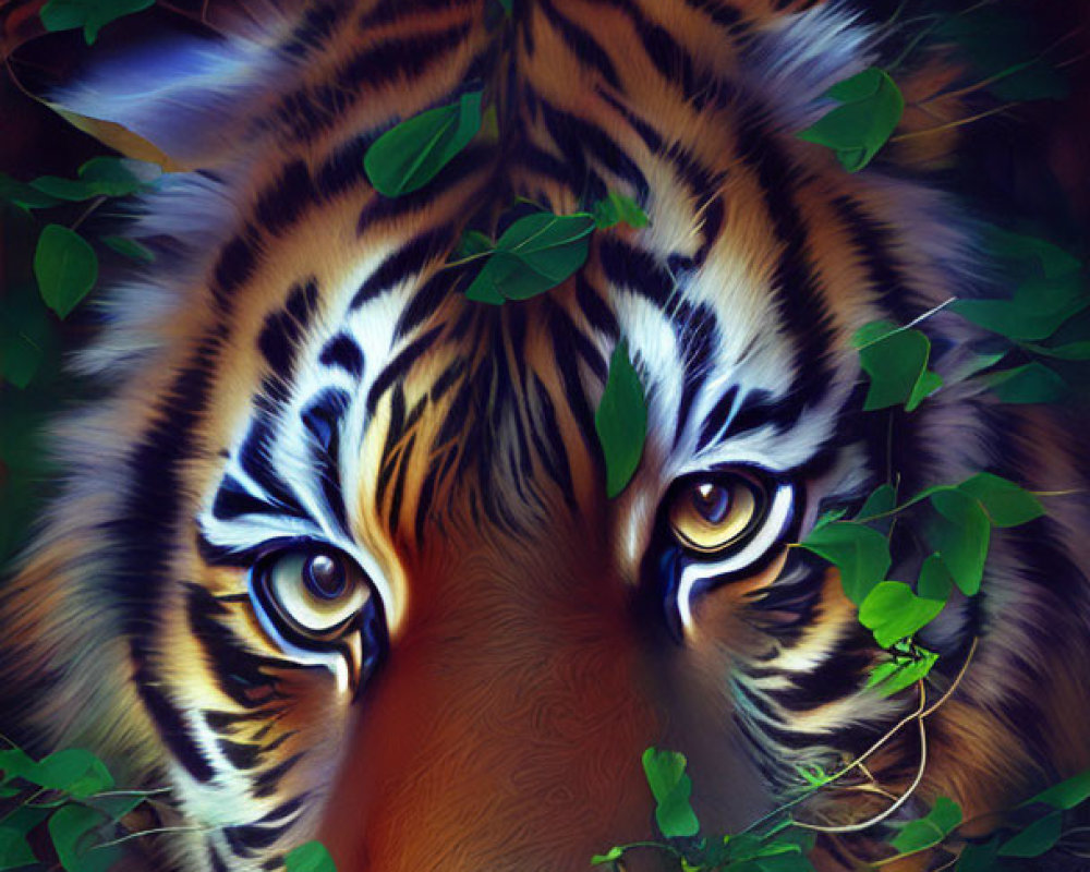 Digital Artwork: Tiger Face in Dense Foliage with Golden Eyes