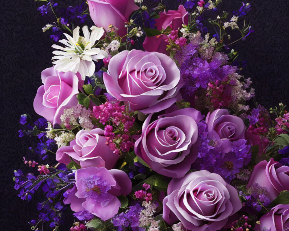 Purple Roses Bouquet with White and Violet Flowers on Dark Embossed Background