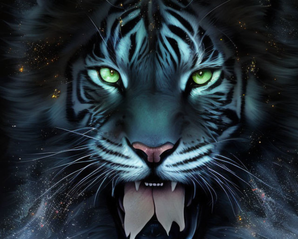 Majestic digital artwork: Tiger's face with green eyes and celestial patterns