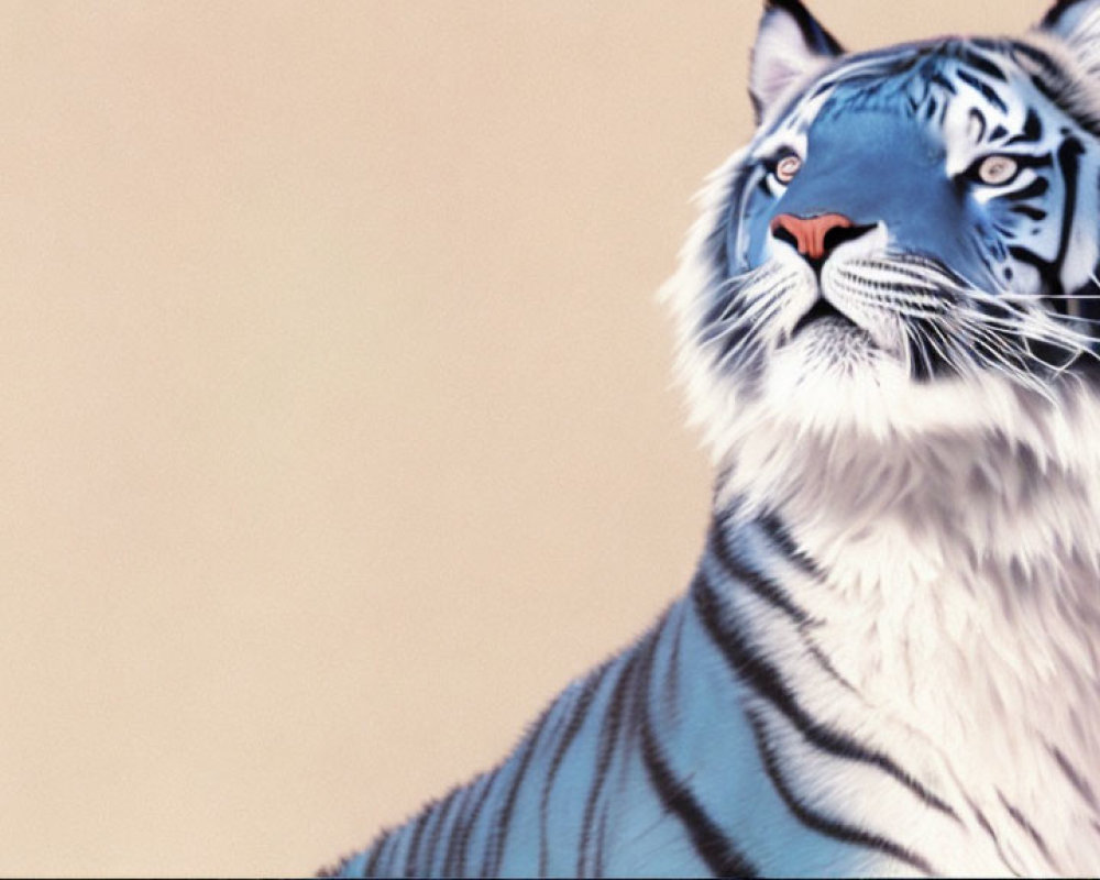 White Tiger Digital Art with Blue Stripes and Blue Eyes on Beige Background
