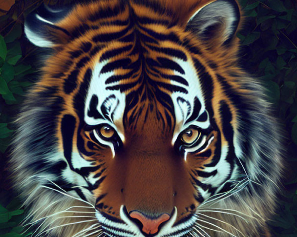 Fierce Tiger Head in Dense Foliage with Intense Eyes