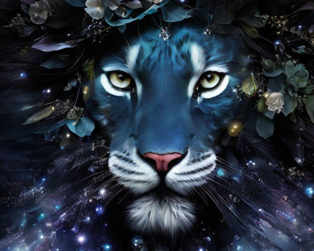 Mystical lion with flower and cosmic mane in deep blue hues