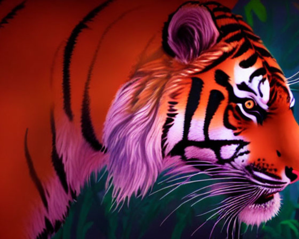 Vibrant orange tiger with black stripes in lush green foliage