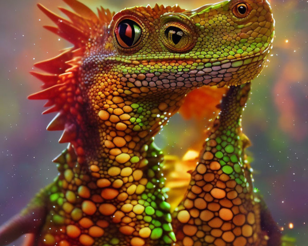 Colorful Close-Up Image of Green and Yellow Scaled Lizard with Red Crests