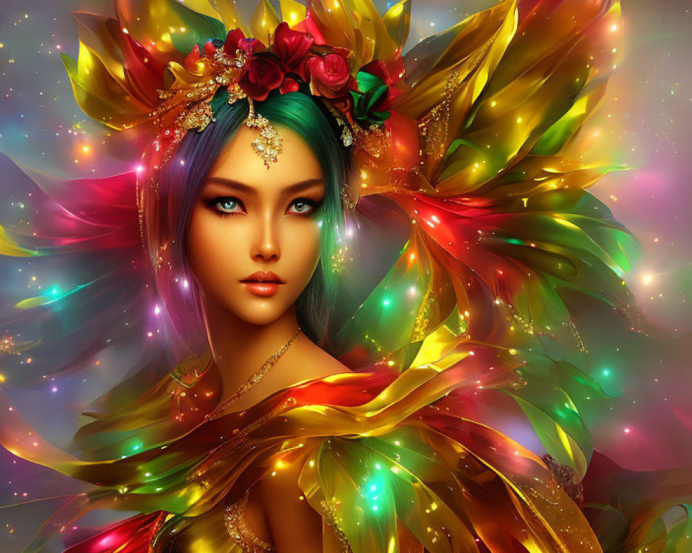 Colorful Digital Artwork: Female Figure with Multicolored Hair and Golden Crown