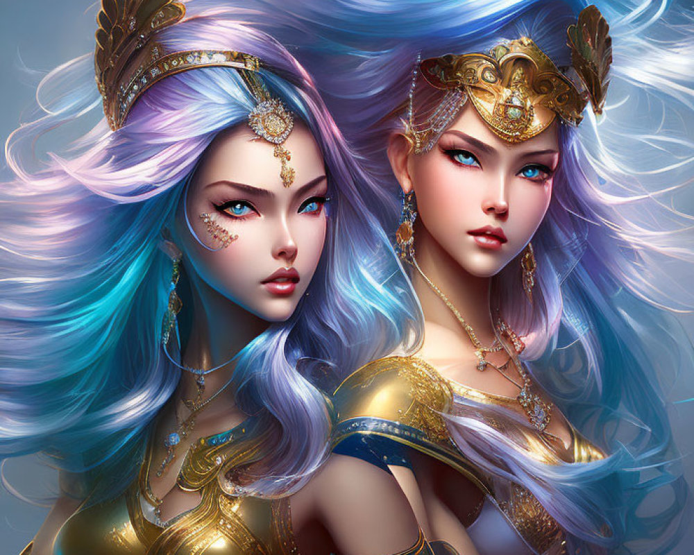 Illustrated female figures with blue hair and golden headpieces.