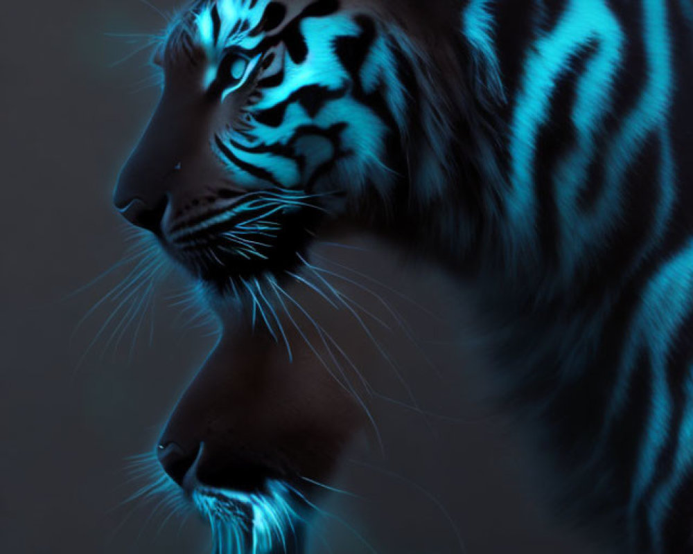 Surreal digital art: Tiger with glowing blue stripes & eyes