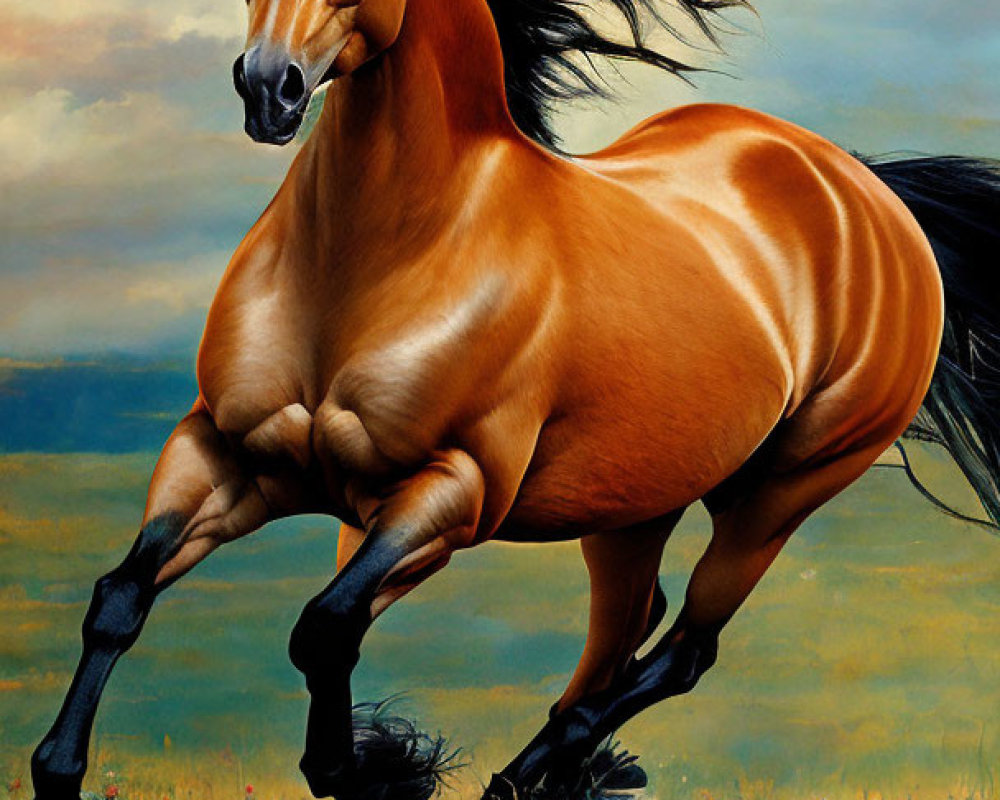 Majestic brown horse galloping in grassy field under cloudy sky