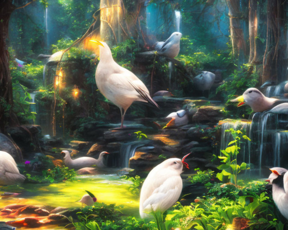 Majestic egret in lush forest with waterfalls and glowing pond