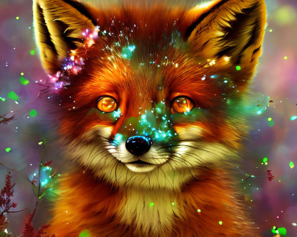 Colorful Digital Painting of Fox with Whimsical Background