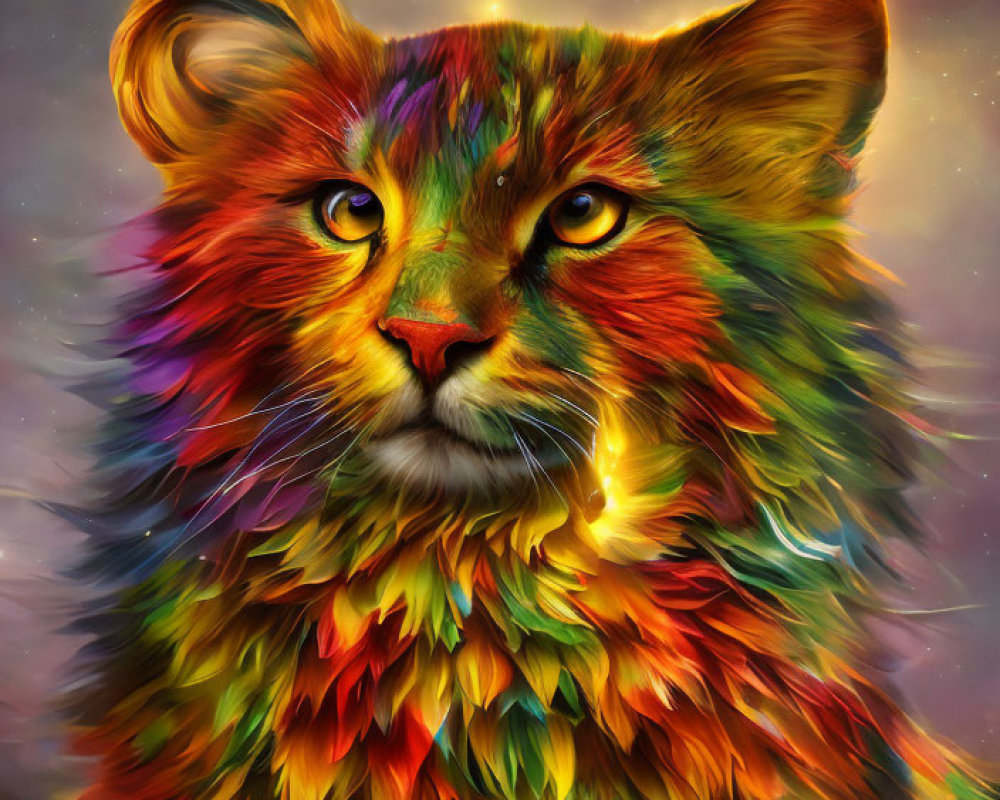 Colorful Lion Digital Art with Rainbow Spectrum on Starry Background