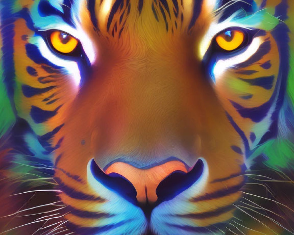 Colorful Digital Art: Intense Tiger Face with Yellow Eyes