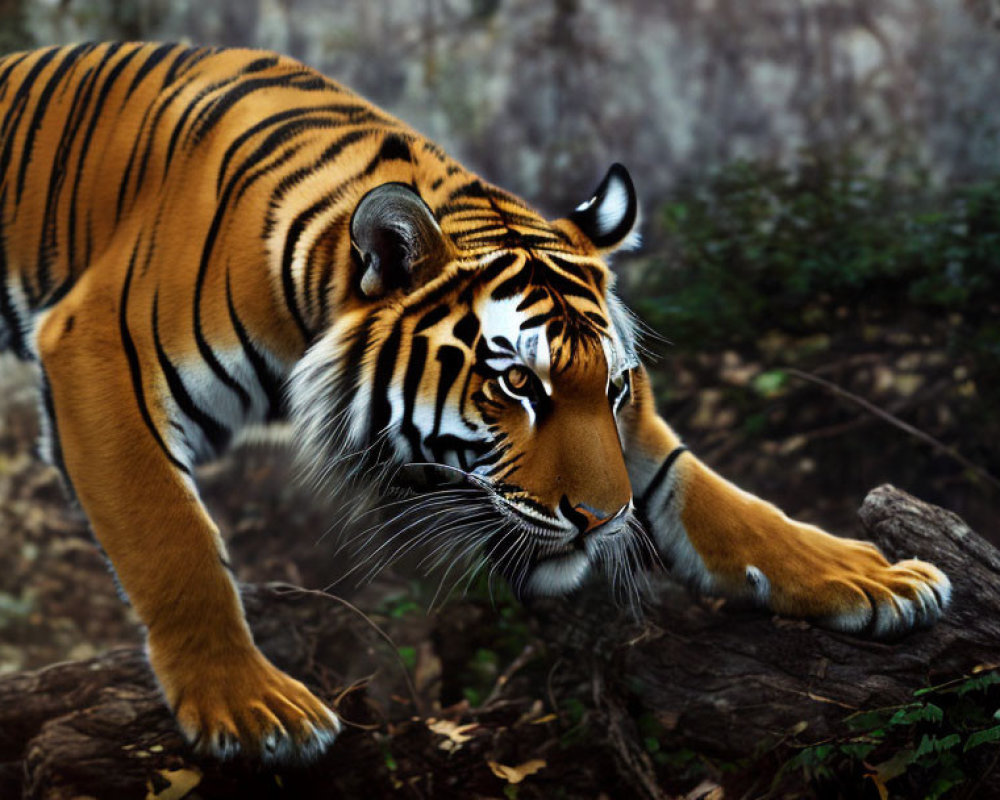 Majestic tiger with orange and black stripes in misty forest pose