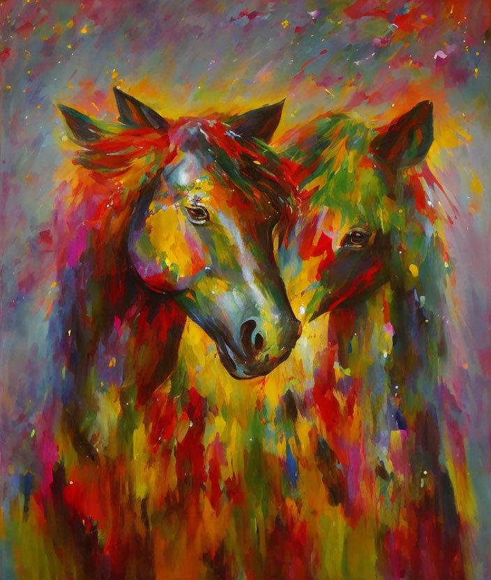 Vibrant abstract painting of two horses in red, yellow, and blue blend