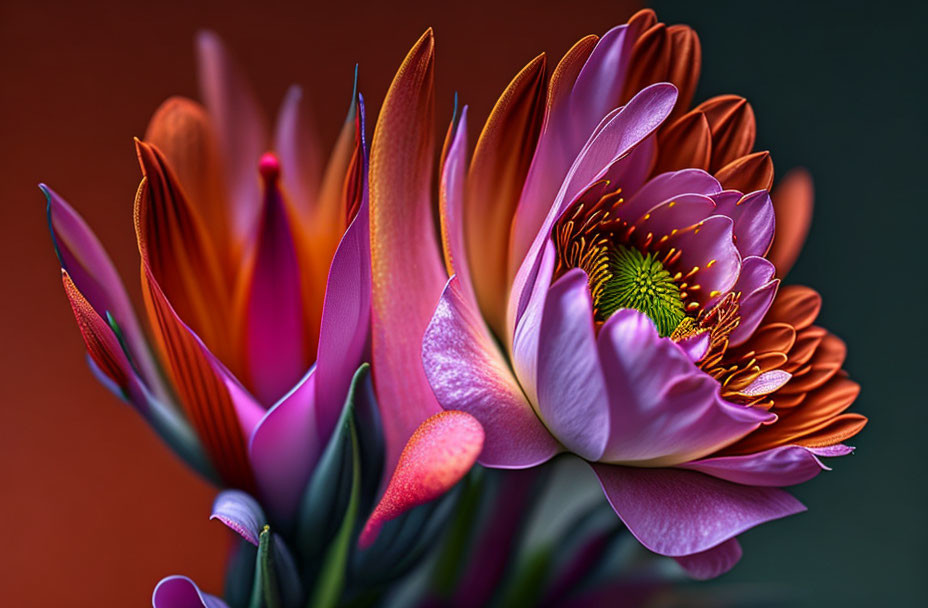 Colorful close-up of orange and purple blooming flowers with detailed textures on soft-focus background